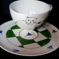 Milchkaffee Gedeck "Kuschelnde Katzen" mit Dekor "Duft" grünen Karos